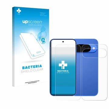 Face avant d’un emballage produit avec le logo de la marque upscreen. À côté, l’appareil Google Pixel 10 (Avant+Arrière) est r