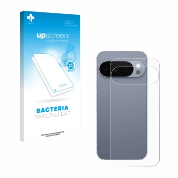 Face avant d’un emballage produit avec le logo de la marque upscreen. À côté, l’appareil Google Pixel 10 Pro (Arrière) est rep