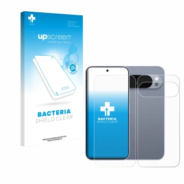 Face avant d’un emballage produit avec le logo de la marque upscreen. À côté, l’appareil Google Pixel 10 Pro (Avant+Arrière) e