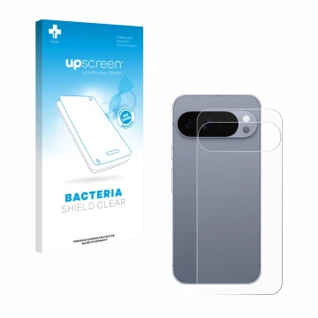 Face avant d’un emballage produit avec le logo de la marque upscreen. À côté, l’appareil Google Pixel 10 Pro XL (Arrière) est 