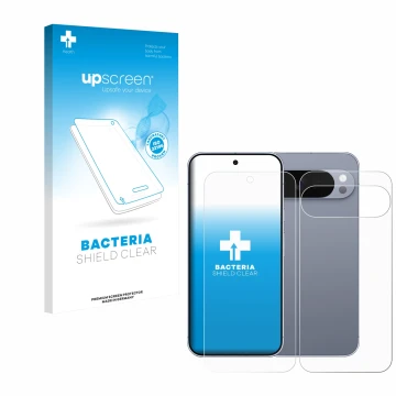 Face avant d’un emballage produit avec le logo de la marque upscreen. À côté, l’appareil Google Pixel 10 Pro XL (Avant+Arrière