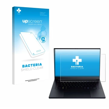 Face avant d’un emballage produit avec le logo de la marque upscreen. À côté, l’appareil Razer Blade 14 2025 est représenté av