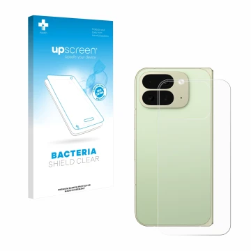 Face avant d’un emballage produit avec le logo de la marque upscreen. À côté, l’appareil Google Pixel 10 Pro Fold (Arrière) es