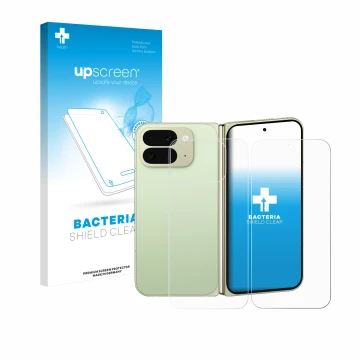 Face avant d’un emballage produit avec le logo de la marque upscreen. À côté, l’appareil Google Pixel 10 Pro Fold (Avant+Arriè