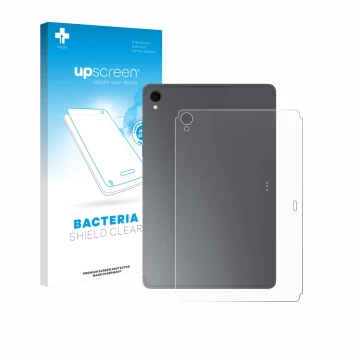Face avant d’un emballage produit avec le logo de la marque upscreen. À côté, l’appareil Samsung Galaxy Tab S11 (Arrière) est 