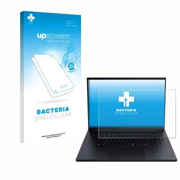 Face avant d’un emballage produit avec le logo de la marque upscreen. À côté, l’appareil Razer Blade 18 2025 est représenté av