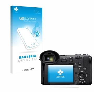 Face avant d’un emballage produit avec le logo de la marque upscreen. À côté, l’appareil Sony Cinema Line FX2 est représenté a