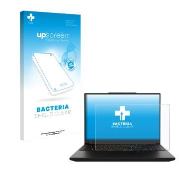 Face avant d’un emballage produit avec le logo de la marque upscreen. À côté, l’appareil XMG Pro 16 est représenté avec la pro