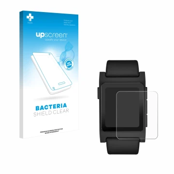 Face avant d’un emballage produit avec le logo de la marque upscreen. À côté, l’appareil Pebble 2 Duo 2025 est représenté avec