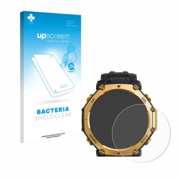 Face avant d’un emballage produit avec le logo de la marque upscreen. À côté, l’appareil Huami Amazfit T-Rex 3 Pro (48 mm) est