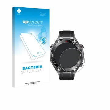 Face avant d’un emballage produit avec le logo de la marque upscreen. À côté, l’appareil Huawei Watch Ultimate 2 Black est rep