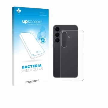Face avant d’un emballage produit avec le logo de la marque upscreen. À côté, l’appareil Samsung Galaxy S25 FE Enterprise Edit