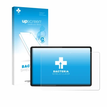 Face avant d’un emballage produit avec le logo de la marque upscreen. À côté, l’appareil Lenovo Yoga Tab 11.1