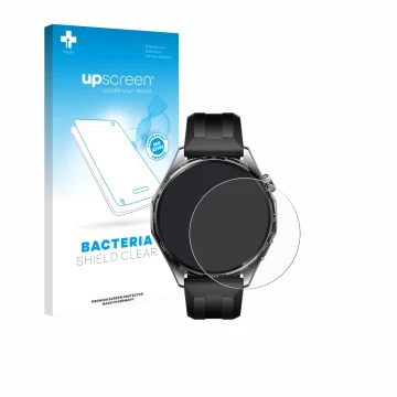 Face avant d’un emballage produit avec le logo de la marque upscreen. À côté, l’appareil Huawei Watch GT 6 (46 mm) est représe