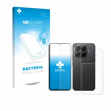 Face avant d’un emballage produit avec le logo de la marque upscreen. À côté, l’appareil Xiaomi 15T Pro (Avant+Arrière) est re