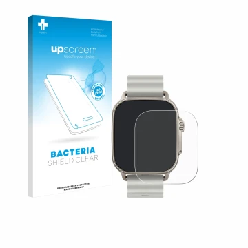 Face avant d’un emballage produit avec le logo de la marque upscreen. À côté, l’appareil realme Watch 5 est représenté avec la