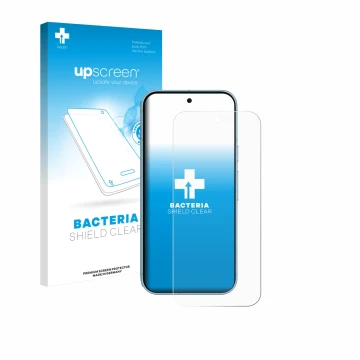 Face avant d’un emballage produit avec le logo de la marque upscreen. À côté, l’appareil Google Pixel 9 (case-friendly) est re