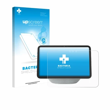 Face avant d’un emballage produit avec le logo de la marque upscreen. À côté, l’appareil Amazon Echo Show 8 2025 (4ème Gen.) e