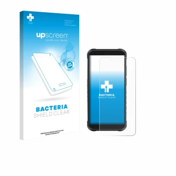 Face avant d’un emballage produit avec le logo de la marque upscreen. À côté, l’appareil Ulefone RugKing est représenté avec l