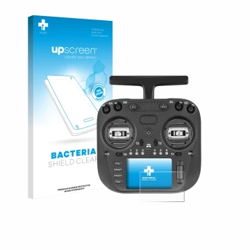 Face avant d’un emballage produit avec le logo de la marque upscreen. À côté, l’appareil Radiomaster TX15 Max est représenté a