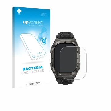 Face avant d’un emballage produit avec le logo de la marque upscreen. À côté, l’appareil Kospet Tank M4 est représenté avec la