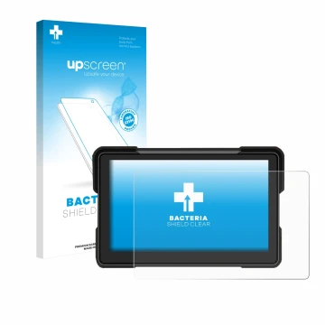 Face avant d’un emballage produit avec le logo de la marque upscreen. À côté, l’appareil Airpuxem Motorrad Carplay 7