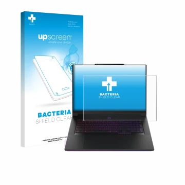 Face avant d’un emballage produit avec le logo de la marque upscreen. À côté, l’appareil Lenovo Legion 9i Gen 10 18