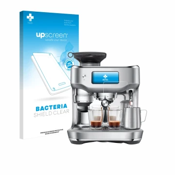 Face avant d’un emballage produit avec le logo de la marque upscreen. À côté, l’appareil Sage the Oracle Dual Boiler est repré