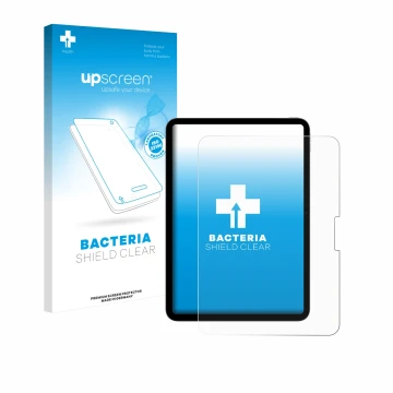 Face avant d’un emballage produit avec le logo de la marque upscreen. À côté, l’appareil Apple iPad Pro 11