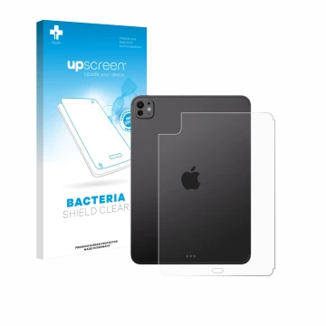 Face avant d’un emballage produit avec le logo de la marque upscreen. À côté, l’appareil Apple iPad Pro 11