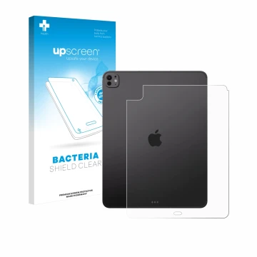 Face avant d’un emballage produit avec le logo de la marque upscreen. À côté, l’appareil Apple iPad Pro 13