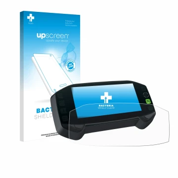 Face avant d’un emballage produit avec le logo de la marque upscreen. À côté, l’appareil Suzuki DR-Z4S 2025 est représenté ave