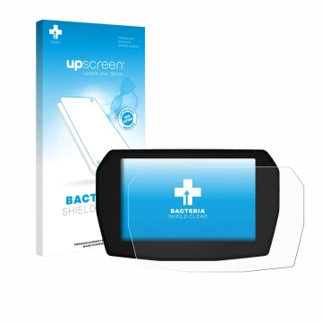 Face avant d’un emballage produit avec le logo de la marque upscreen. À côté, l’appareil Ducati Panigale V2 2025 est représent