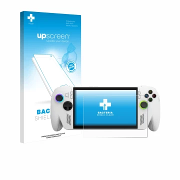 Face avant d’un emballage produit avec le logo de la marque upscreen. À côté, l’appareil ASUS ROG Xbox Ally est représenté ave