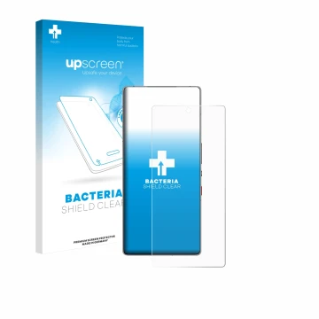 Face avant d’un emballage produit avec le logo de la marque upscreen. À côté, l’appareil ZTE Nubia Red Magic 11 Pro Plus est r
