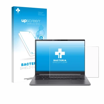 Face avant d’un emballage produit avec le logo de la marque upscreen. À côté, l’appareil Acer TravelMate X4 AI TMX414-51 est r