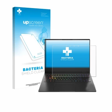 Face avant d’un emballage produit avec le logo de la marque upscreen. À côté, l’appareil HP Omen Transcend 16-u1000nl est repr