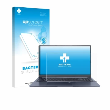 Face avant d’un emballage produit avec le logo de la marque upscreen. À côté, l’appareil ASUS Vivobook 15X OLED M1503QA est re