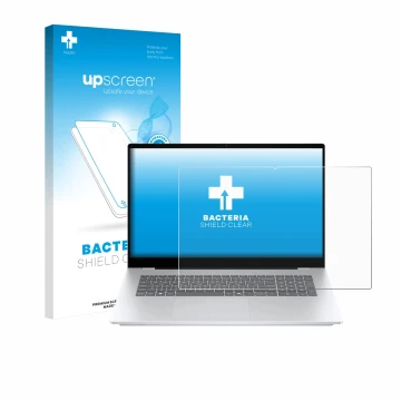Face avant d’un emballage produit avec le logo de la marque upscreen. À côté, l’appareil HP OmniBook 7 17-dc est représenté av