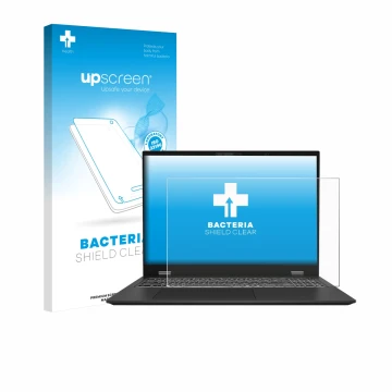 Face avant d’un emballage produit avec le logo de la marque upscreen. À côté, l’appareil MSI Prestige 16 AI Evo B1M est représ