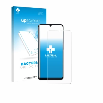 Face avant d’un emballage produit avec le logo de la marque upscreen. À côté, l’appareil Samsung Galaxy A07 est représenté ave