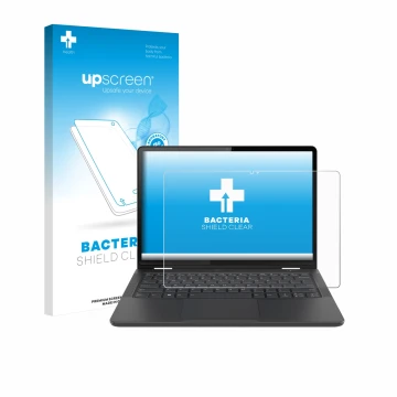 Face avant d’un emballage produit avec le logo de la marque upscreen. À côté, l’appareil Lenovo 13w Yoga Gen 2 est représenté 