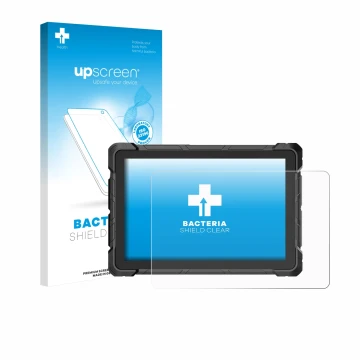 Face avant d’un emballage produit avec le logo de la marque upscreen. À côté, l’appareil Higole F7G Rugged Tablet 10.1