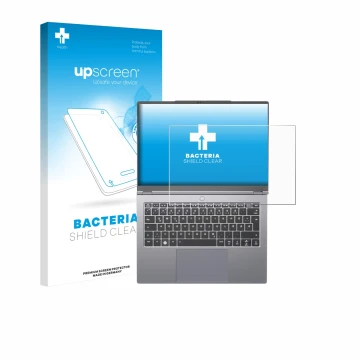 Face avant d’un emballage produit avec le logo de la marque upscreen. À côté, l’appareil Tuxedo InfinityBook Pro 14 Gen 10 est