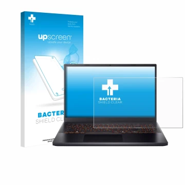 Face avant d’un emballage produit avec le logo de la marque upscreen. À côté, l’appareil Acer Nitro V 15 est représenté avec l