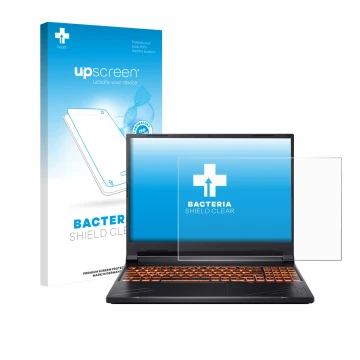 Face avant d’un emballage produit avec le logo de la marque upscreen. À côté, l’appareil Acer Nitro V 16 est représenté avec l