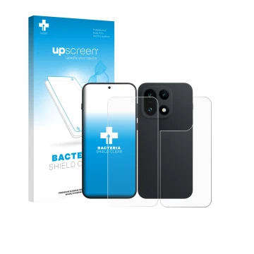 Face avant d’un emballage produit avec le logo de la marque upscreen. À côté, l’appareil OnePlus 15 (Avant+Arrière) est représ