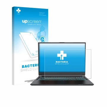 Face avant d’un emballage produit avec le logo de la marque upscreen. À côté, l’appareil Gigabyte G6 2023 est représenté avec 