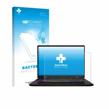 Face avant d’un emballage produit avec le logo de la marque upscreen. À côté, l’appareil MSI Vector 16 HX AI est représenté av