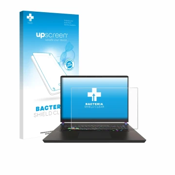 Face avant d’un emballage produit avec le logo de la marque upscreen. À côté, l’appareil MSI Vector 17 HX est représenté avec 